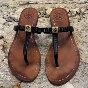Tory Burch Black and Tan Thong Sandals.